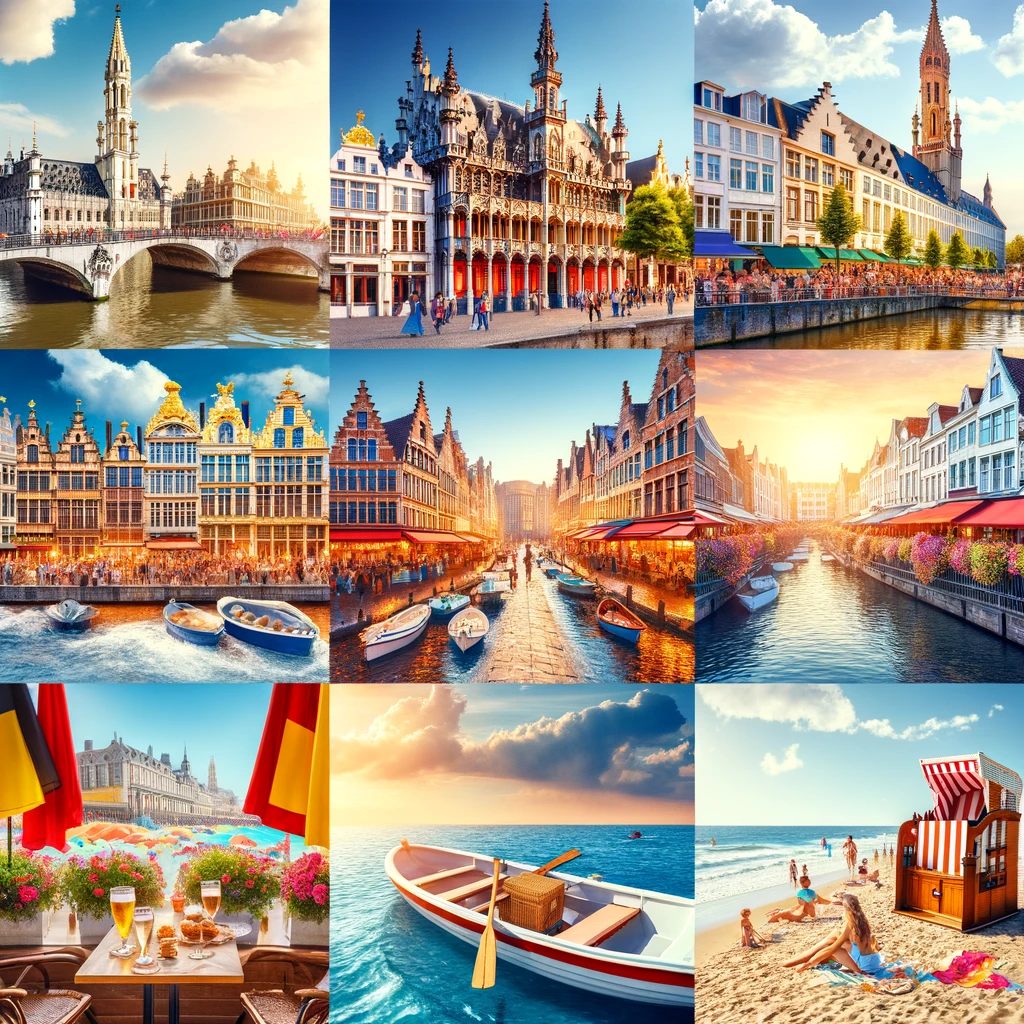 Kolaż pokazujący najlepsze letnie destynacje w Belgii, z ikonami Brukseli, romantycznymi kanałami Brugii i żywiołowymi scenami plażowymi wybrzeża Morza Północnego