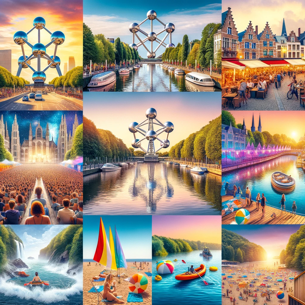 Kolaż przedstawiający letnie atrakcje w Belgii, w tym zabytki takie jak Atomium w Brukseli, średniowieczne kanały Brugii, scenę festiwalową, plażowe aktywności na wybrzeżu Morza Północnego i zielone parki