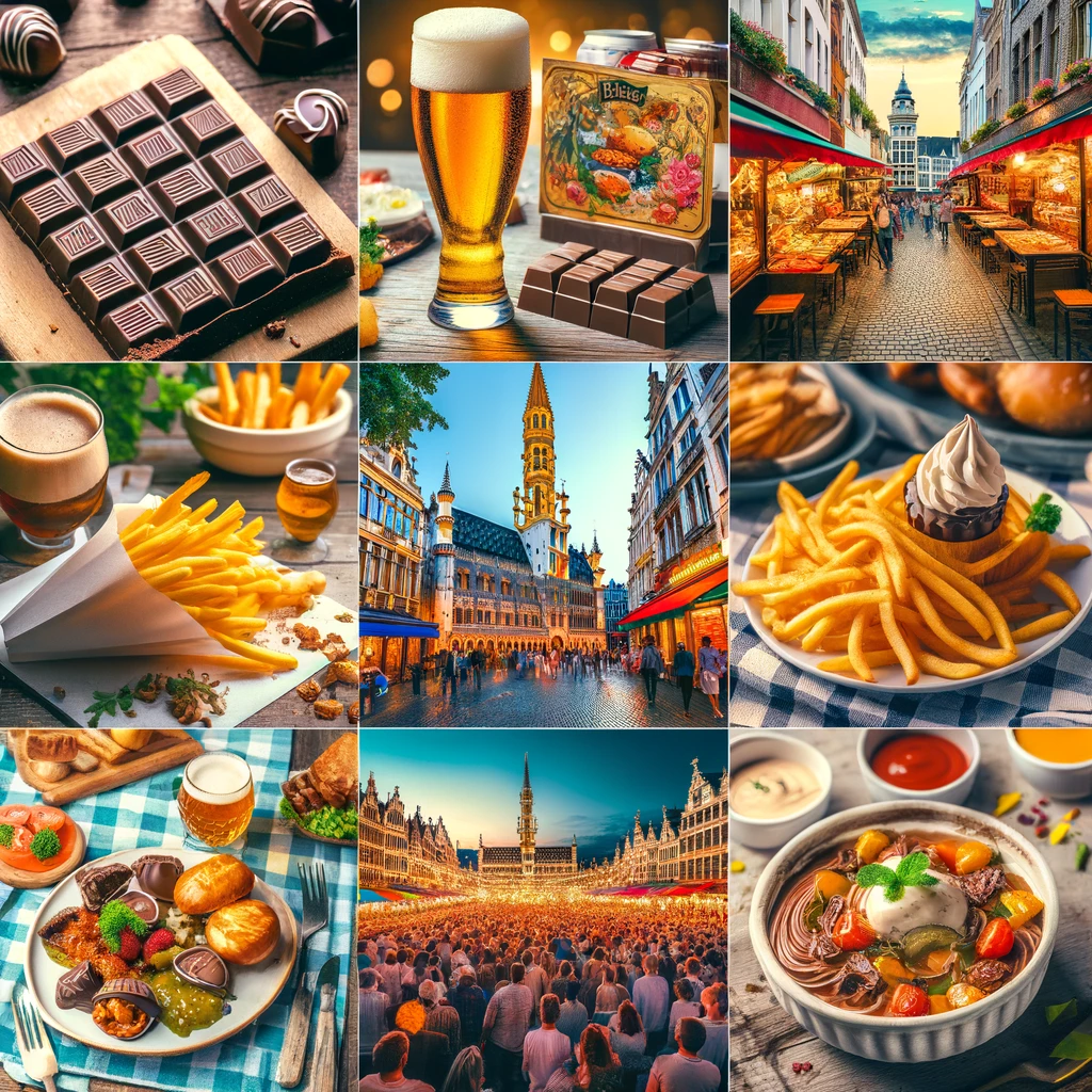 Kolaż prezentujący kulinarną ucztę Belgii, w tym belgijskie czekoladki, frytki z ulicznego stoiska, różnorodne belgijskie piwa, przytulną restaurację w Brukseli i scenę festiwalu kulinarnego