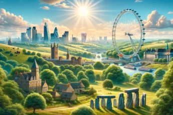 Wielka Brytania latem - krajobraz z London Eye i Stonehenge