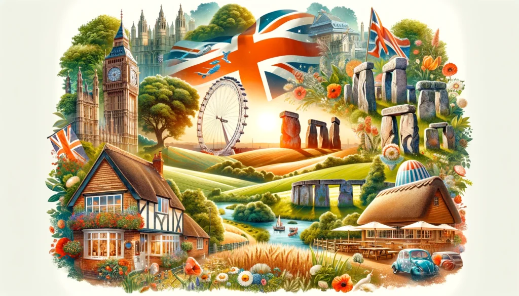 Kolaż latem w Wielkiej Brytanii: London Eye, Stonehenge, zielone krajobrazy, festiwal i wiejska gospoda.