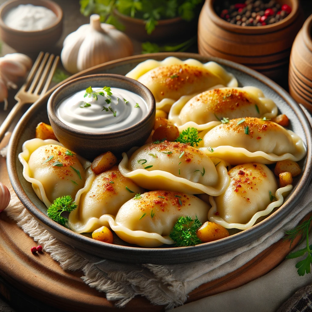 Zdjęcie przedstawiające tradycyjne litewskie danie cepeliny, owalne kluski ziemniaczane faszerowane mięsem mielonym, podane na talerzu ze śmietaną, przybrane ziołami w rustykalnej kuchni.