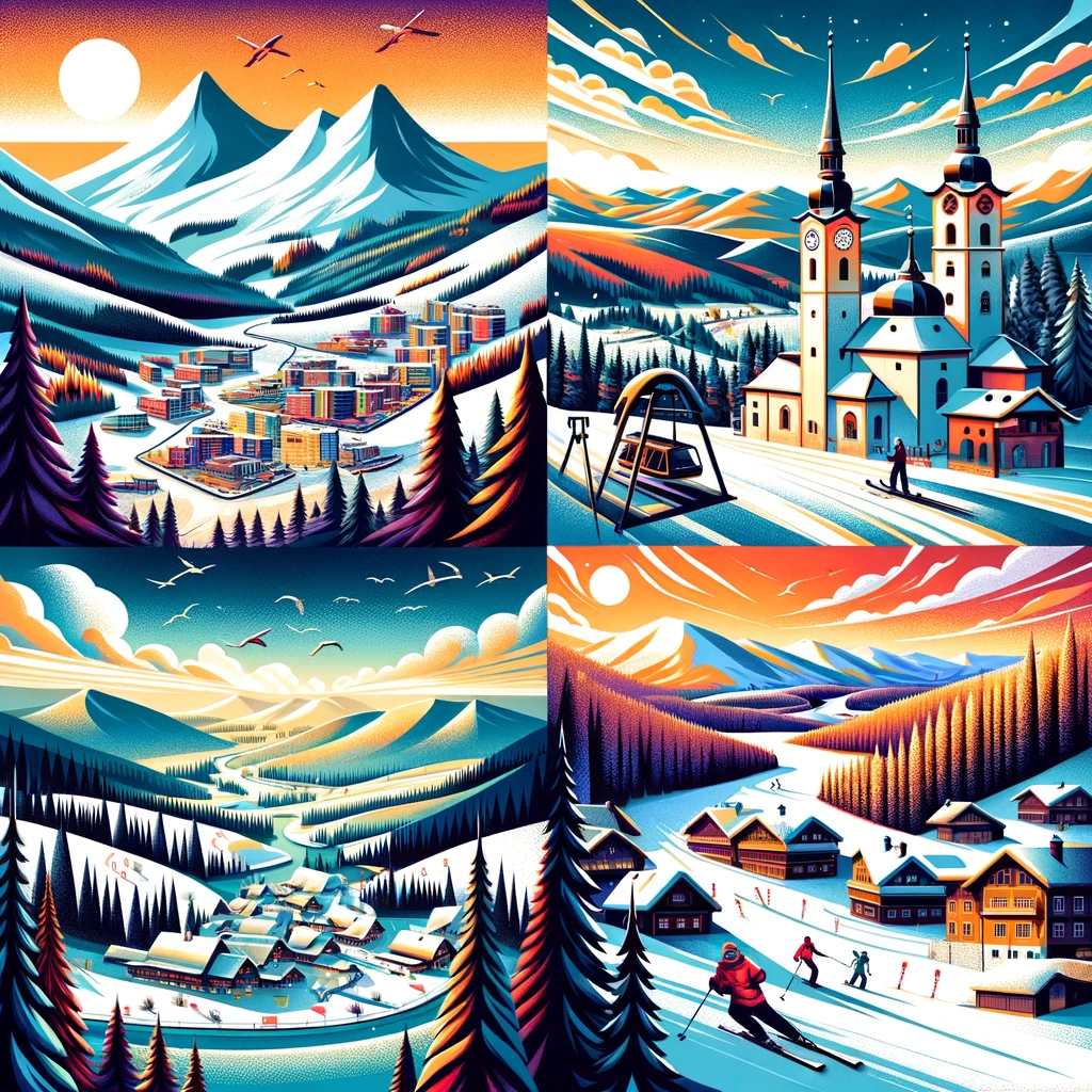 Kolaż prezentujący cztery popularne czeskie kurorty narciarskie: Špindlerův Mlýn, Harrachov, Pec pod Sněžkou i Černá hora