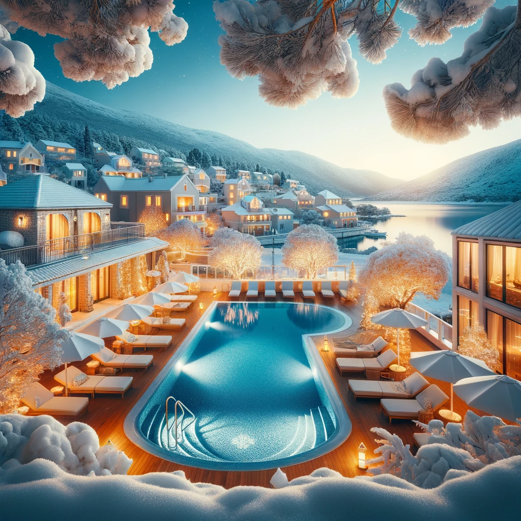 Luksusowy hotel w Chorwacji z podgrzewanym basenem, otoczony śnieżnymi krajobrazami.