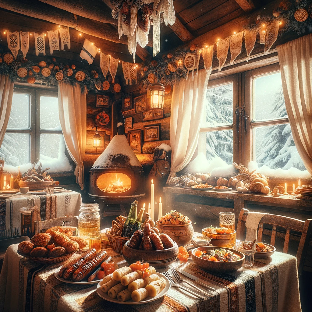 Przytulna chorwacka restauracja zimą, z tradycyjnymi daniami takimi jak sarma i strukli na stole, prezentująca ciepło i bogactwo chorwackiej kuchni.