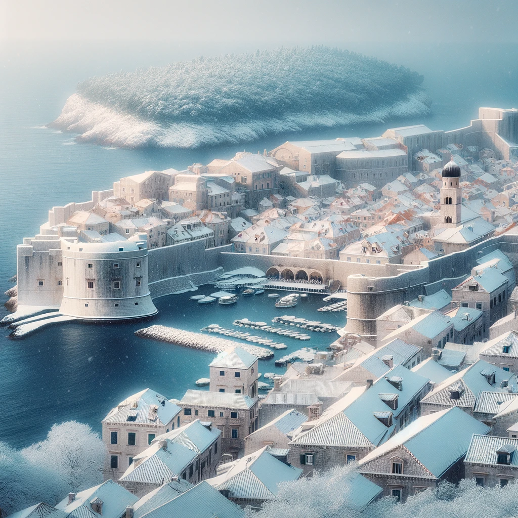 Panoramiczny widok zimowego Dubrownika w Chorwacji, pokazujący zabytkowe Stare Miasto z antycznymi murami i budynkami pokrytymi lekkim śniegiem, z Adriatykiem w tle.