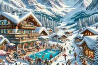 Zimowy krajobraz w Alpach Austriackich z rodzinami na nartach i snowboardzie, przytulny domek w górach z basenem w tle