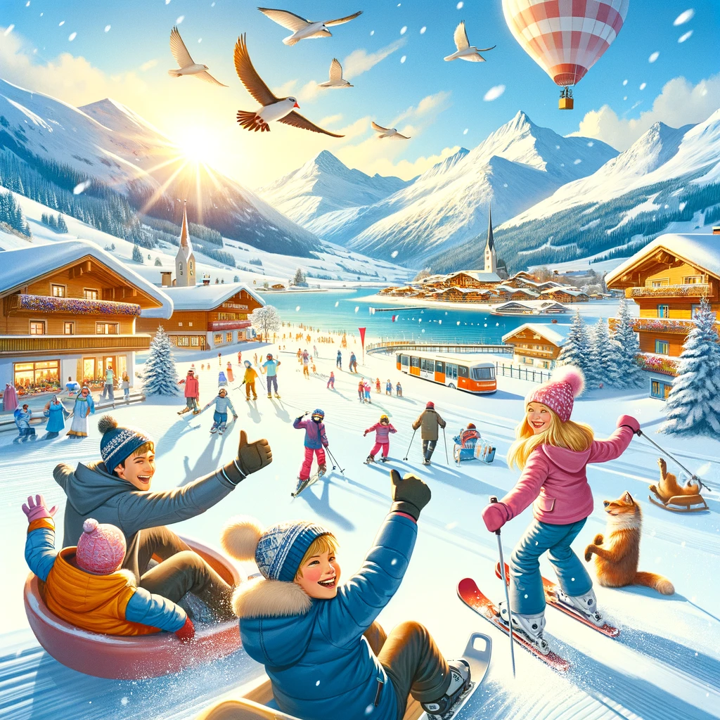 Rodzinna scena zimowa w Austrii, z dzieci uczącymi się jazdy na nartach w Serfaus-Fiss-Ladis, rodzinami bawiącymi się w Zell am See-Kaprun i wesołą atmosferą na Flachau z łatwymi stokami i saneczkami.