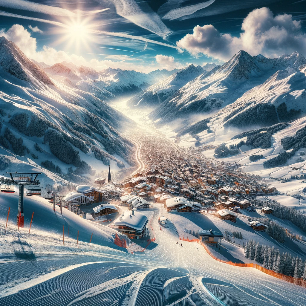 Zimowy krajobraz Ischgl z zaśnieżonymi stokami i tętniącą życiem atmosferą narciarską.