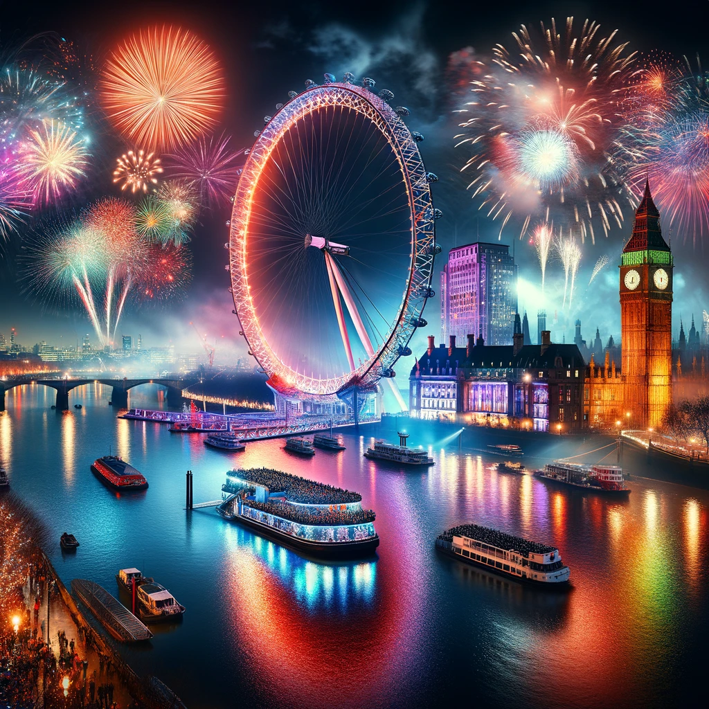 Noc sylwestrowa w Londynie z fajerwerkami nad Tamizą, London Eye i Big Benem w tle.