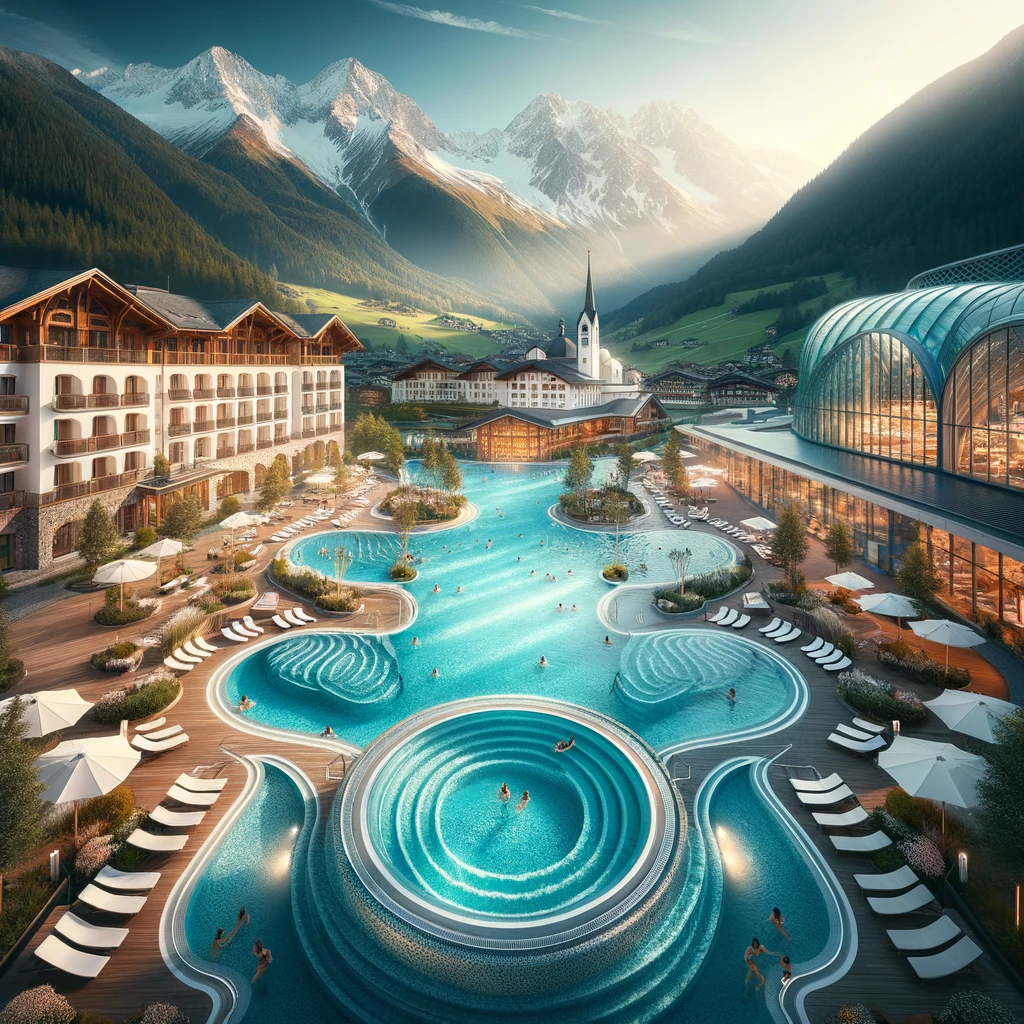 Luksusowy i spokojny obraz Aqua Dome - Tirol Therme Längenfeld, podkreślający termalne baseny i udogodnienia spa.