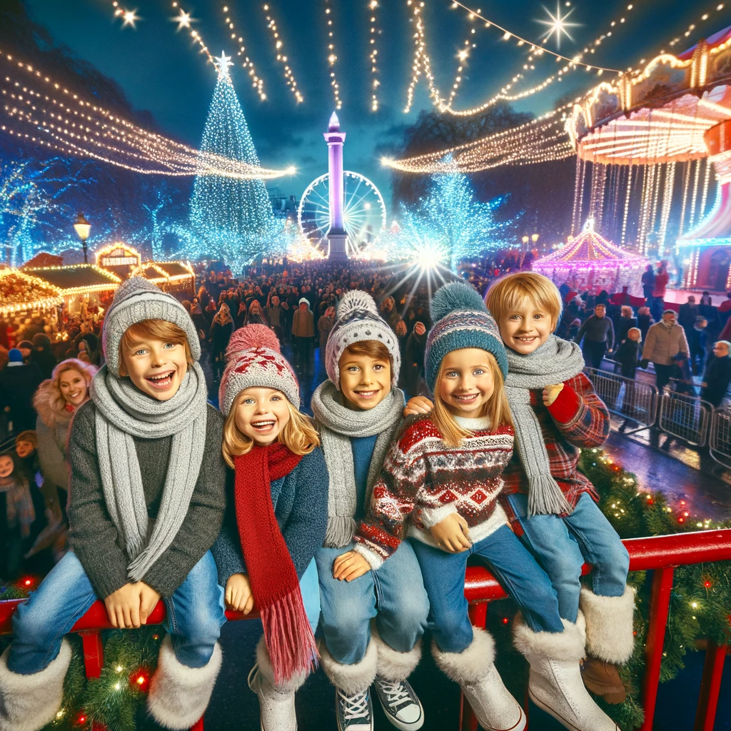 Radosna scena sylwestrowa w Londynie z dzieci bawiącymi się w Winter Wonderland w Hyde Parku.