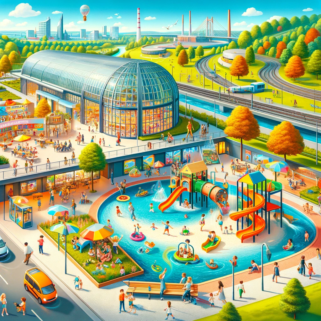 Scena przedstawiająca atrakcje przyjazne rodzinom w Essen: park z bawiącymi się dziećmi, interaktywną wystawę w muzeum i elementy krytego placu zabaw.
