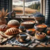 Tradycyjne fińskie dania na drewnianym stole: Karjalanpiirakka, Ruisleipä, Lohikeitto, Mustikkapiirakka i fińska kawa w sielskiej fińskiej kuchni z widokiem na wiejski pejzaż przez okno.