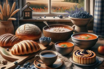 Tradycyjne fińskie dania na drewnianym stole: Karjalanpiirakka, Ruisleipä, Lohikeitto, Mustikkapiirakka i fińska kawa w sielskiej fińskiej kuchni z widokiem na wiejski pejzaż przez okno.