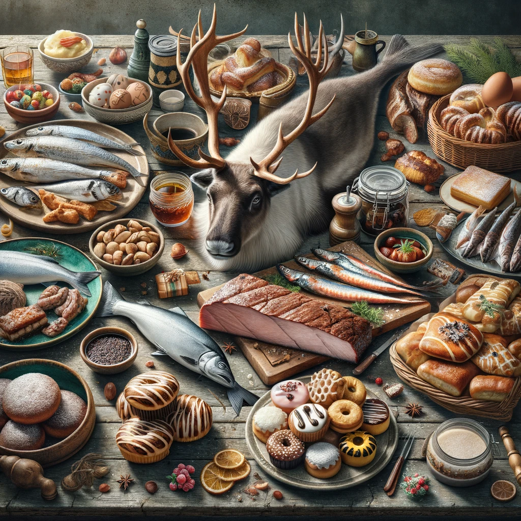 Regionalne specjały szwedzkie na rustykalnym stole, w tym mięso renifera z Laplandii, dania rybne z Gotlandii oraz szwedzkie desery