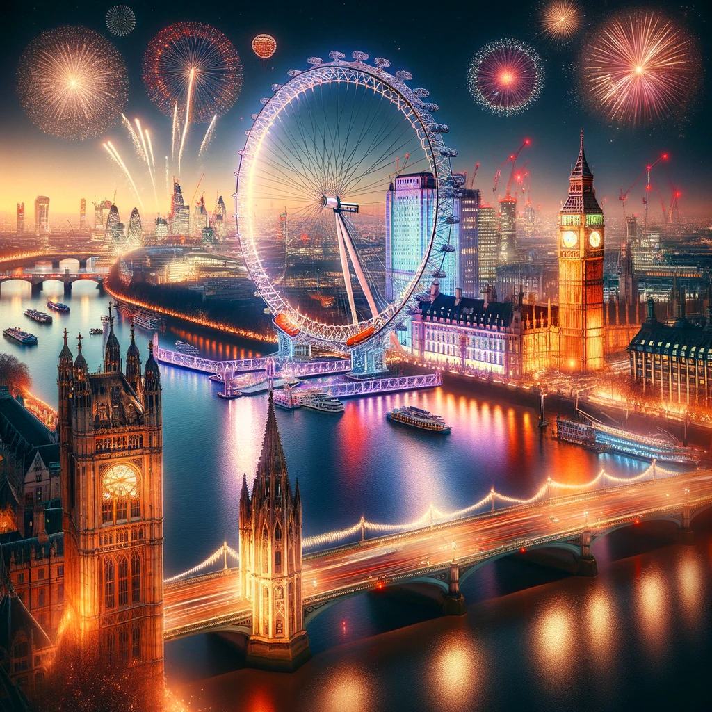 Londyńskie zabytki takie jak London Eye, Tower Bridge i Westminster Abbey pięknie oświetlone podczas Sylwestra.