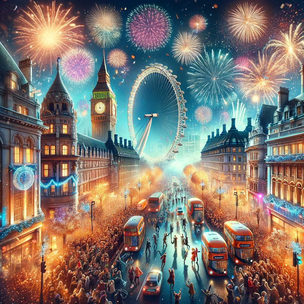 Ludzie świętujący Sylwestra na ulicach Londynu z widokiem na London Eye i Big Ben oraz fajerwerki na nocnym niebie
