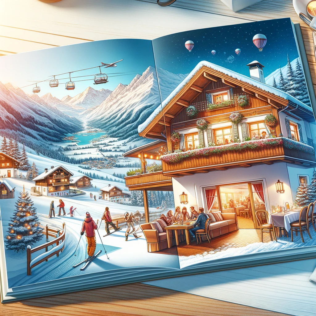 Przytulny austriacki kurort zimowy, z ludźmi cieszącymi się ciepłą atmosferą w środku, widokiem na zaśnieżone góry na zewnątrz i różnymi aktywnościami zimowymi.
