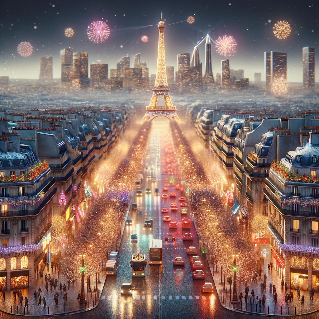 Paryż w Sylwestra - Wieża Eiffla i Champs-Élysées oświetlone świątecznymi światłami