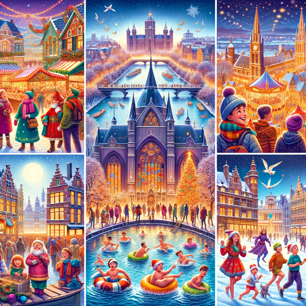 Zimowa scena w Belgii z jarmarkiem świątecznym, Festiwalem Światła, świętowaniem Sinterklaasa i kąpielą noworoczną