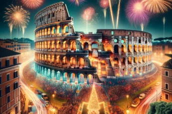 Koloseum w Rzymie podczas świętowania Sylwestra, z fajerwerkami na tle nocnego nieba.