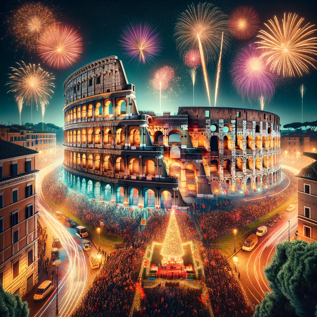 Koloseum w Rzymie podczas świętowania Sylwestra, z fajerwerkami na tle nocnego nieba.
