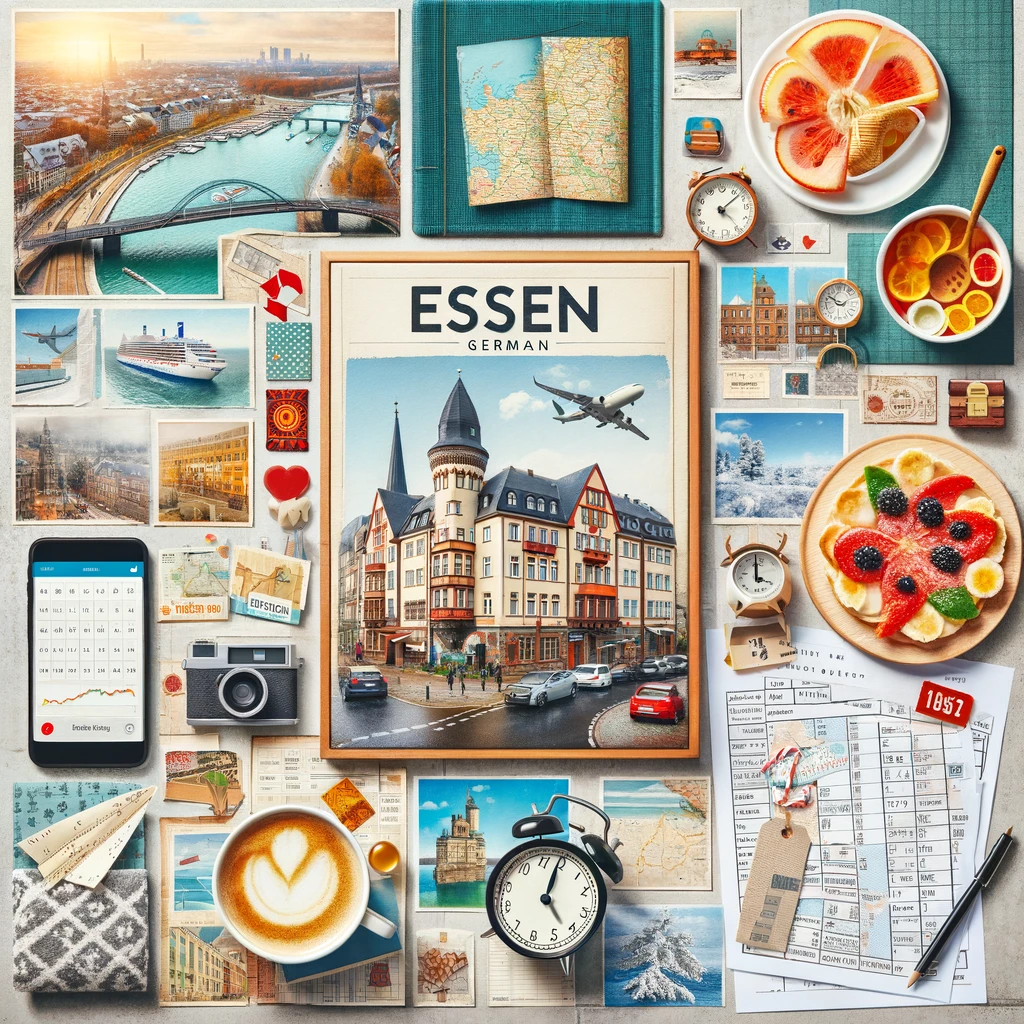 Kolaż przedstawiający planowanie weekendowego wyjazdu do Essen w styczniu, z elementami planu podróży, rezerwacji hotelu, atrakcji dostosowanych do pogody i lokalnej kuchni.