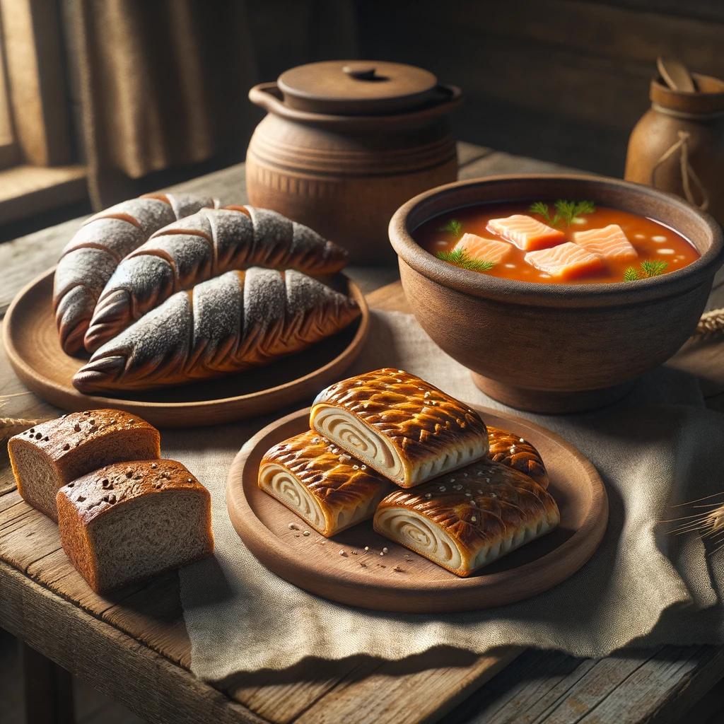 Tradycyjne fińskie dania na drewnianym stole: Karjalanpiirakka na drewnianym talerzu, Ruisleipä pokrojony na desce do krojenia, i Lohikeitto w rustykalnej misce.