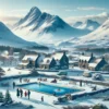 "Zimowy krajobraz w Wielkiej Brytanii z górami, basenem i rodzinami na zimowych wakacjach