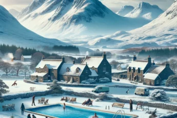 "Zimowy krajobraz w Wielkiej Brytanii z górami, basenem i rodzinami na zimowych wakacjach