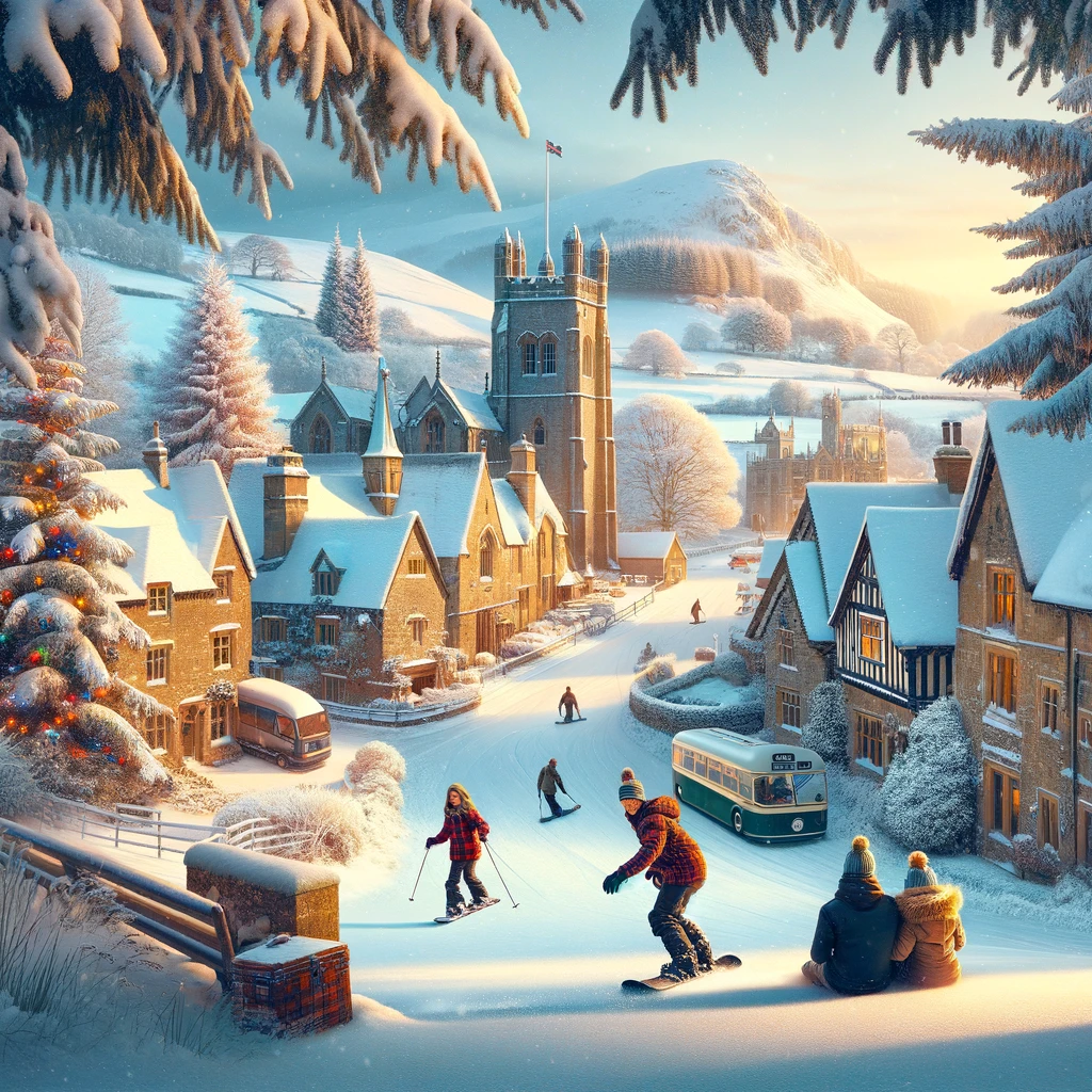 Zimowy krajobraz w Wielkiej Brytanii z rodziną na snowboardach, urokliwą wioską i historyczną architekturą w tle