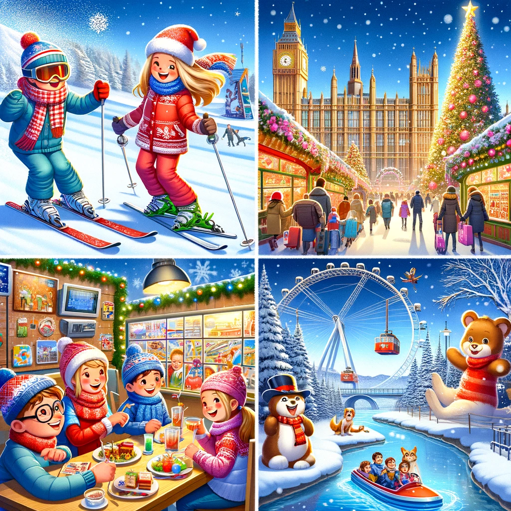 Dzieci uczące się jeździć na nartach, rodzina na świątecznym jarmarku, interaktywne eksponaty w muzeum nauki i zabawa w parku tematycznym w Wielkiej Brytanii