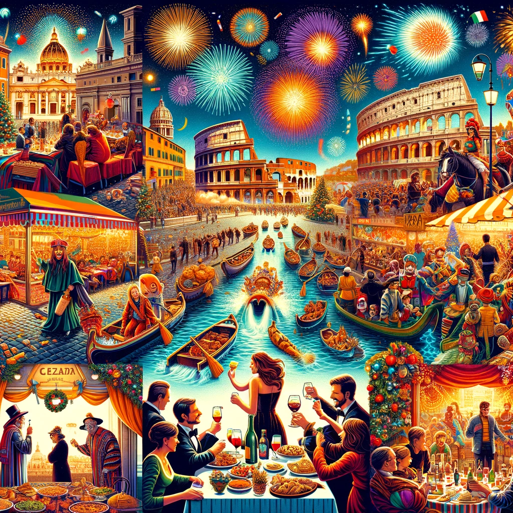 Kolaż przedstawiający tradycyjne zwyczaje Sylwestrowe w Rzymie, w tym włoską kolację Cenone di San Silvestro, pokazy fajerwerków, koncerty na żywo, święto La Befana i skoki do Tybru w Nowy Rok.