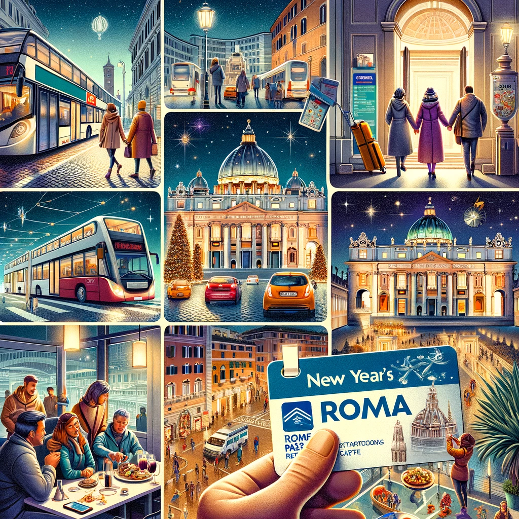 Kolaż przedstawiający porady dla turystów na Sylwestra w Rzymie, w tym korzystanie z transportu publicznego, przytulny hotel, bezpieczne zwiedzanie, Roma Pass i nocne sceny z Rzymu.