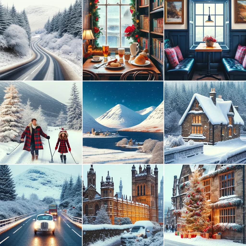Kolaż przedstawiający zimowe podróże po Wielkiej Brytanii, w tym zaśnieżoną drogę, przytulny brytyjski pub, sporty zimowe w szkockich górach oraz historyczne miasto ozdobione świątecznymi dekoracjami