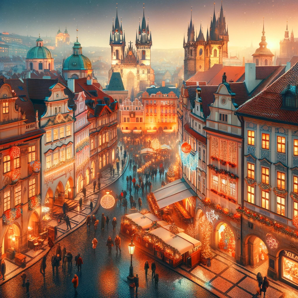 Magiczna atmosfera Sylwestra w historycznej Pradze, z oświetlonymi uliczkami i świątecznymi dekoracjami.