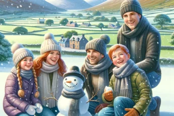 Rodzina ciesząca się zimowymi wakacjami w Irlandii, zabawa na śniegu.