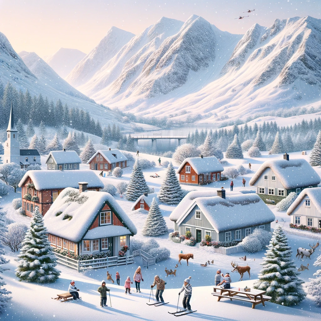 Malowniczy zimowy krajobraz w Danii, rodzina cieszy się aktywnościami na śniegu w scenerii pokrytej śniegiem duńskiej wioski.