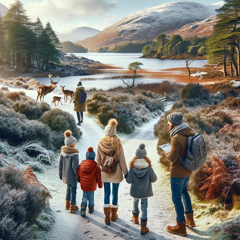 Rodzina na spacerze w Parku Narodowym Killarney w Irlandii, zimowy krajobraz.