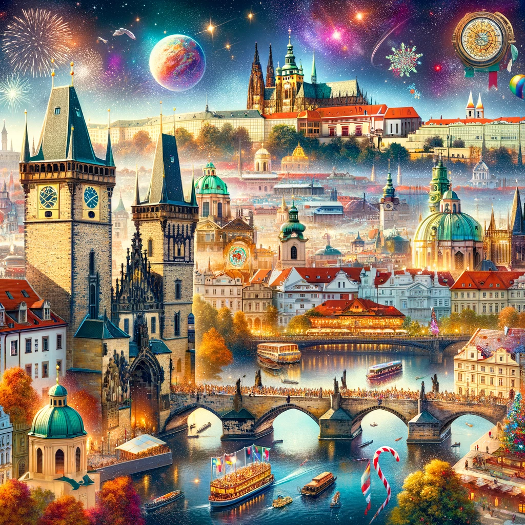 Kolaż przedstawiający kluczowe atrakcje Pragi podczas Sylwestra, w tym Zamek Praski, Most Karola, Rynek Starego Miasta, Wzgórze Petřín i Teatr Narodowy.