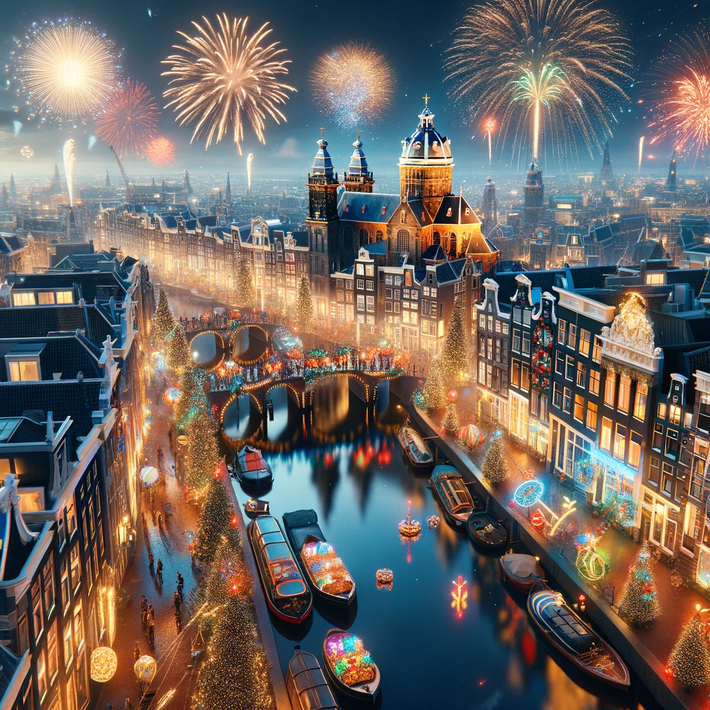 Sylwestrowy Amsterdam z nocnymi fajerwerkami i kanałami