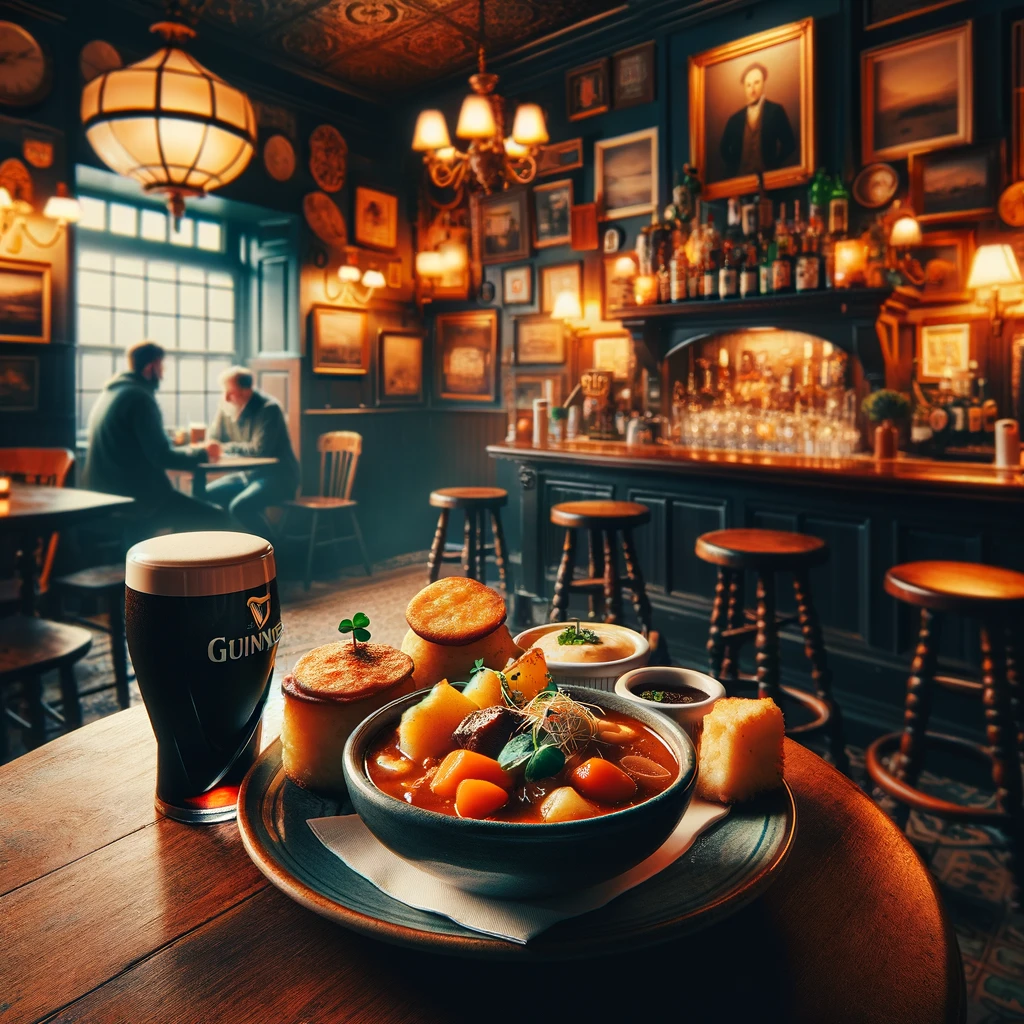 Tradycyjne irlandzkie dania w przytulnym wnętrzu pubu.