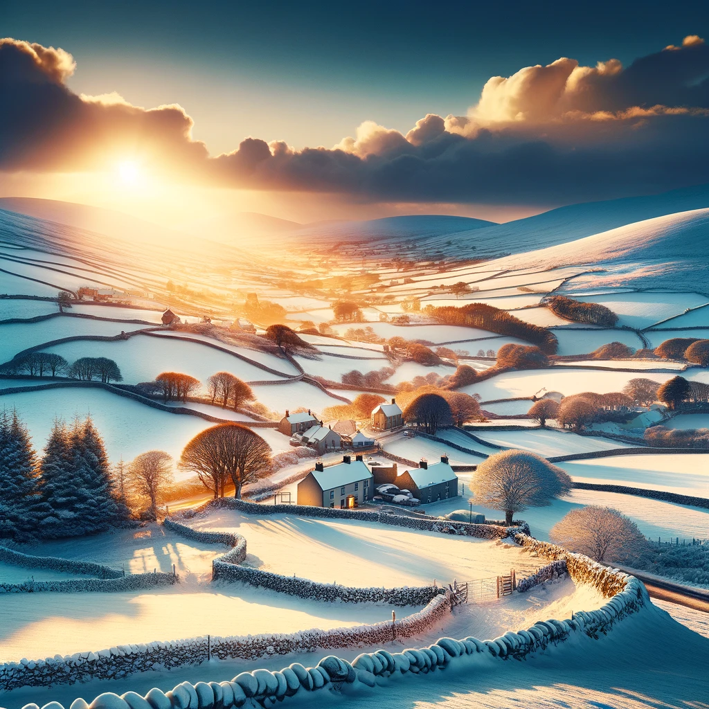 Zimowy krajobraz na irlandzkiej wsi, pokryty śniegiem.