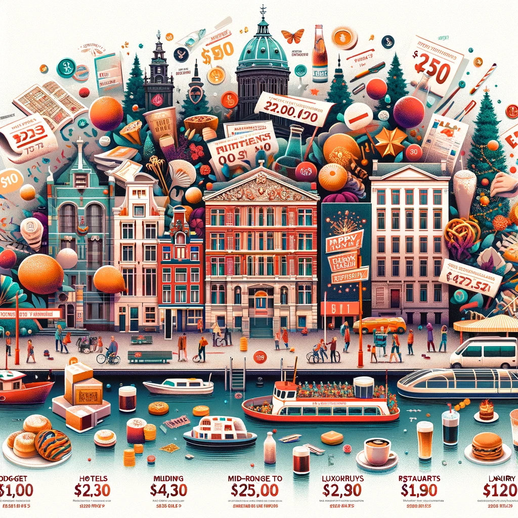 Kolaż przedstawiający koszty Sylwestra w Amsterdamie: noclegi, wyżywienie, atrakcje