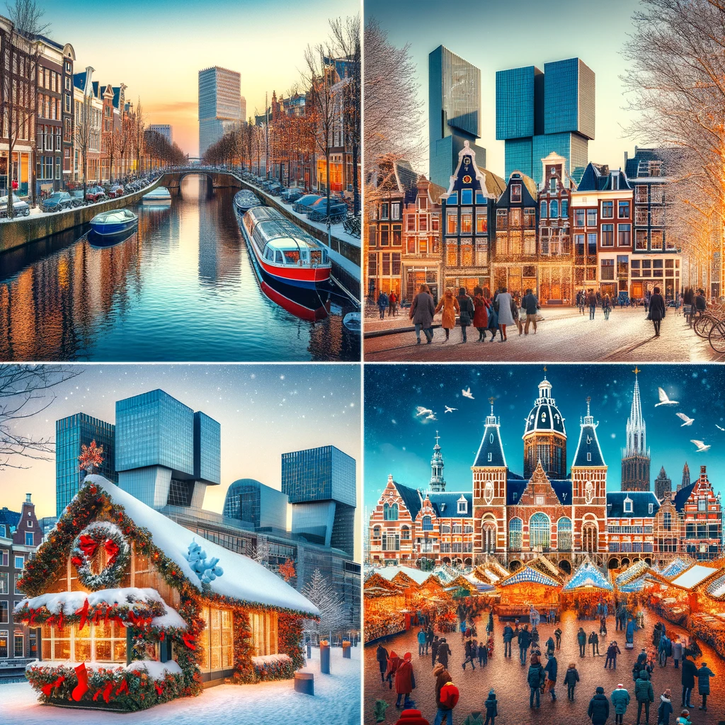 Kolaż popularnych miejsc na ferie zimowe w Holandii: kanały Amsterdamu, nowoczesna architektura Rotterdamu, historyczne ulice Utrechtu i świąteczny rynek w Maastricht