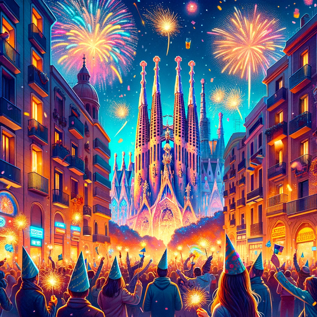 Sylwestrowe świętowanie w Barcelonie z fajerwerkami nad Sagrada Familia