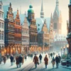 Zimowy widok Bremy z historyczną architekturą i śnieżnymi ulicami