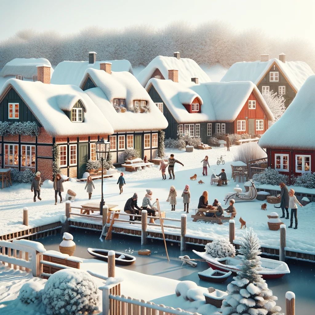 Urocza duńska wioska zimą z tradycyjnymi domami pokrytymi śniegiem, gdzie rodziny cieszą się zimowymi aktywnościami.