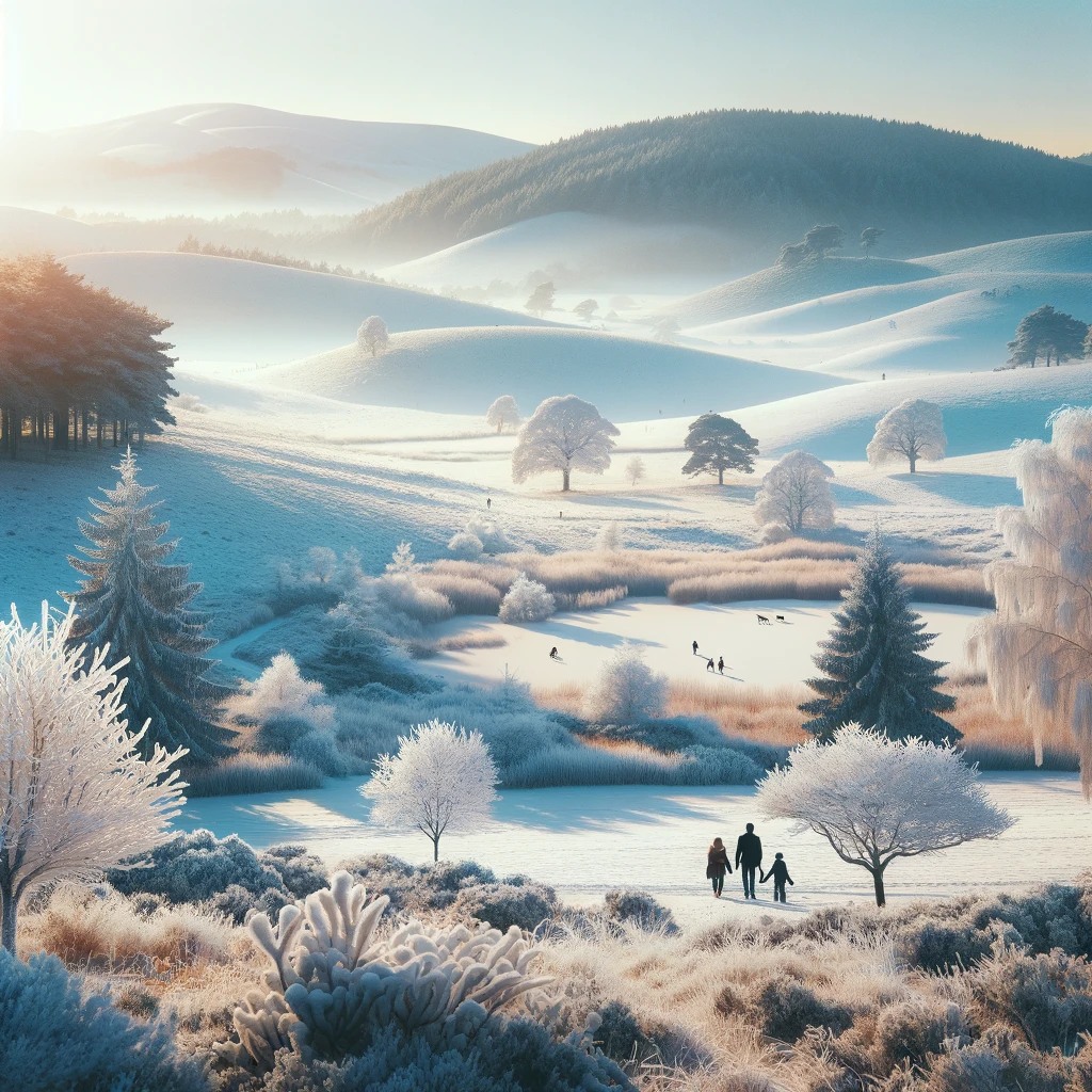 Rodzina ciesząca się zimowym krajobrazem w regionie Veluwe w Holandii, z pokrytymi szronem drzewami i łagodnymi wzgórzami